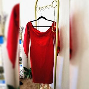 Club London Off The Shoulder Red Midi Dress With Sleeves in Size UK 10/US 14